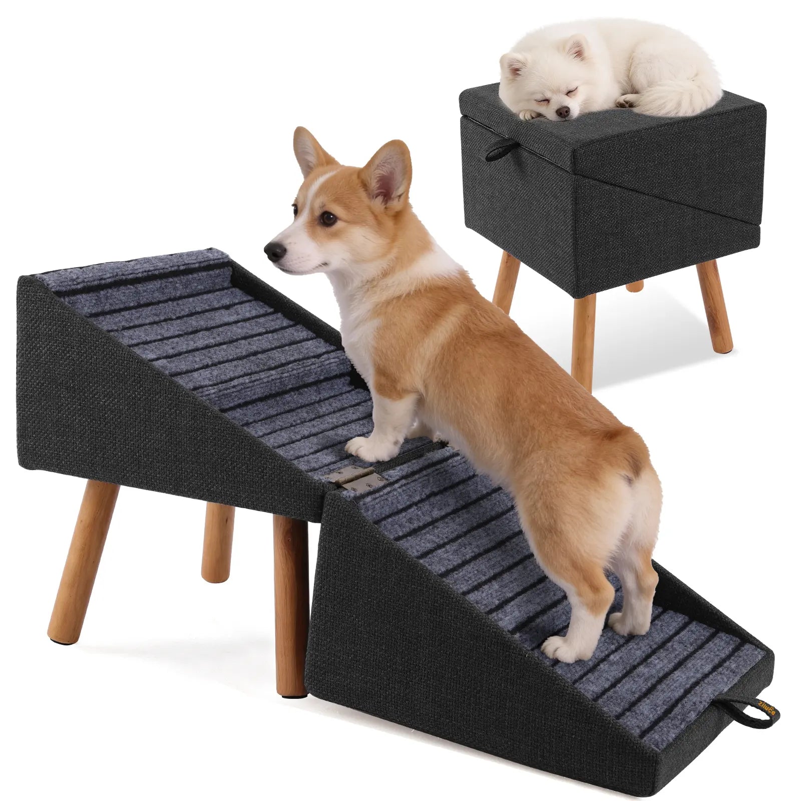 Foldable Dog Stairs for Small Dogs - 2-in-1 Non-Slip Wooden Pet Steps & Ottoman for Couch & Bed