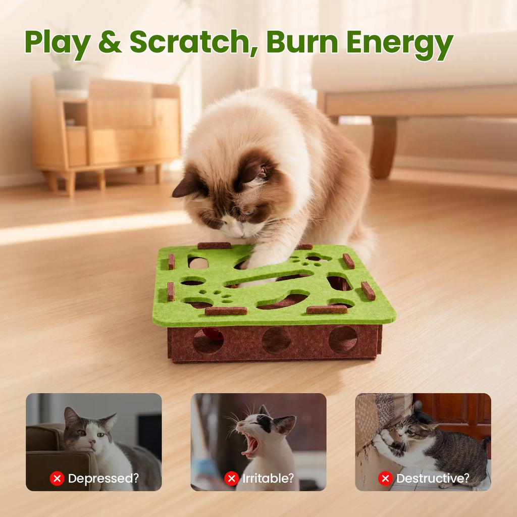 Interactive Felt Maze Cat Puzzle Toy - Hide and Seek Box with 3 Jingle Balls for Indoor Enrichment