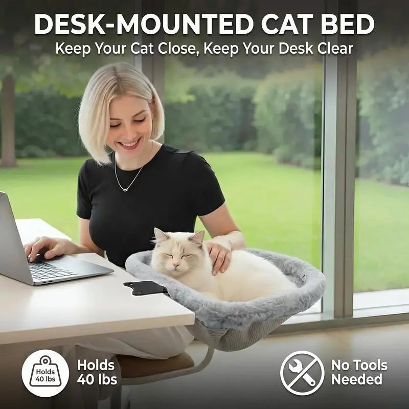 Rotating Cat Desk Hammock Bed - Clamp Mount Table Nest for Indoor Cats, Holds 45lbs, Machine Washable
