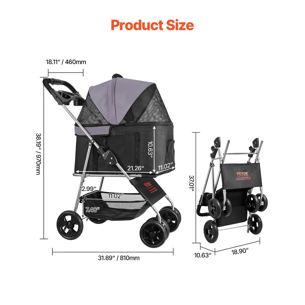 Foldable Pet Stroller for Small Medium Dogs & Cats - 35lbs Capacity with Detachable Carrier & Mesh Windows