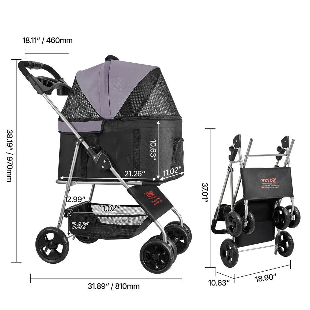 Foldable Pet Stroller for Small Medium Dogs & Cats - 35lbs Capacity with Detachable Carrier & Mesh Windows