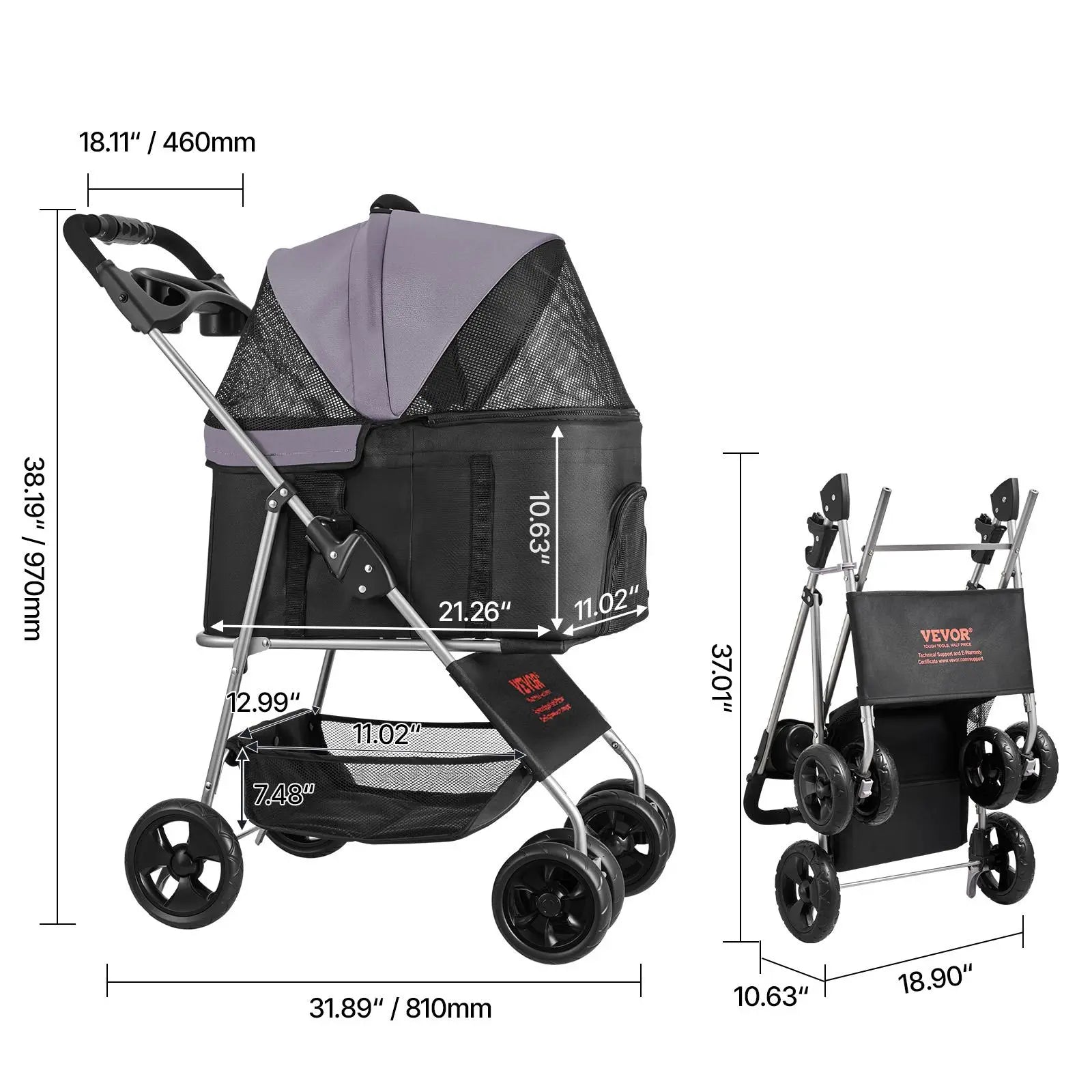 Foldable Pet Stroller for Small Medium Dogs & Cats - 35lbs Capacity with Detachable Carrier & Mesh Windows