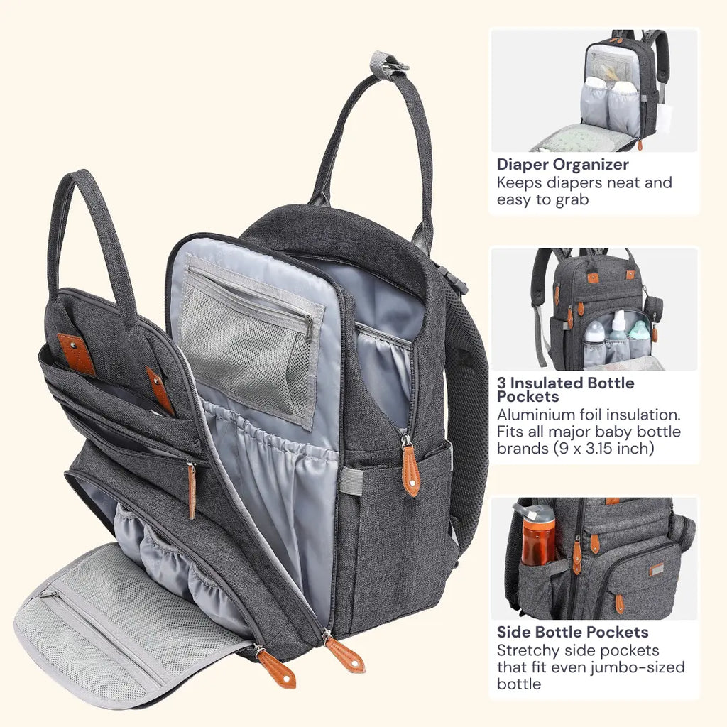 Babbleroo Original Diaper Bag - Waterproof Multi-Functional Travel Tote with Changing Pad for Moms