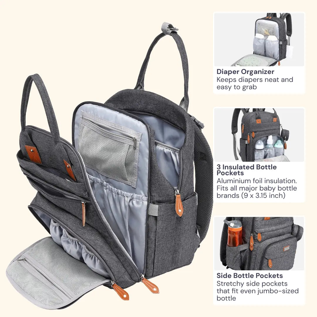 Babbleroo Original Diaper Bag - Waterproof Multi-Functional Travel Tote with Changing Pad for Moms