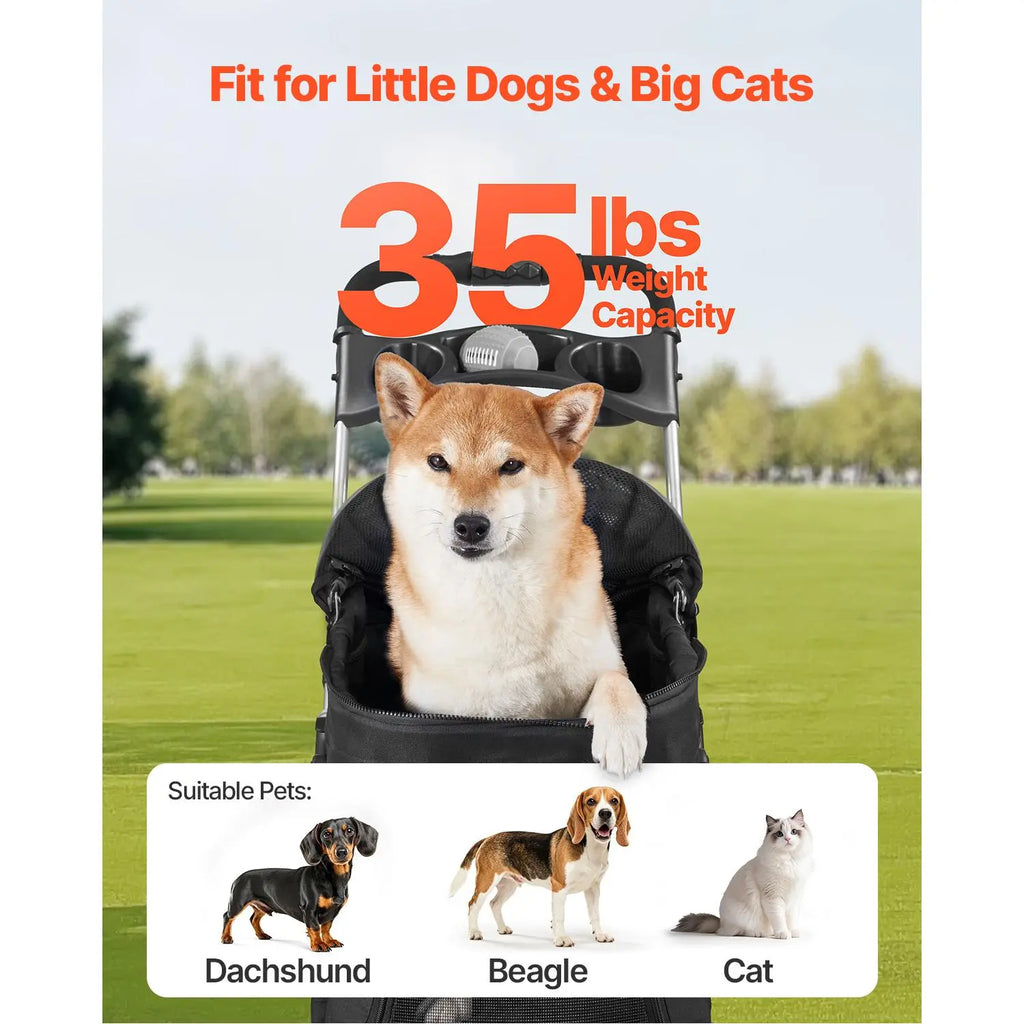 Foldable Pet Stroller for Small Medium Dogs & Cats - 35lbs Capacity with Detachable Carrier & Mesh Windows