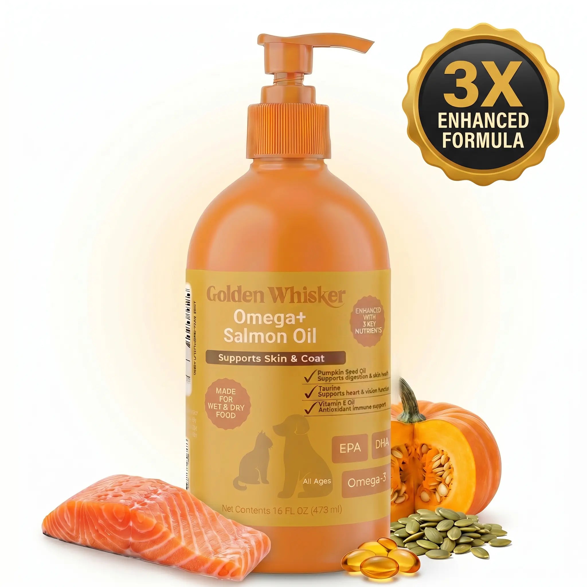 Golden Whisker Salmon Omega-3 Elixir for Cats & Dogs - Skin Coat & Joint Support with Taurine & Vitamin E