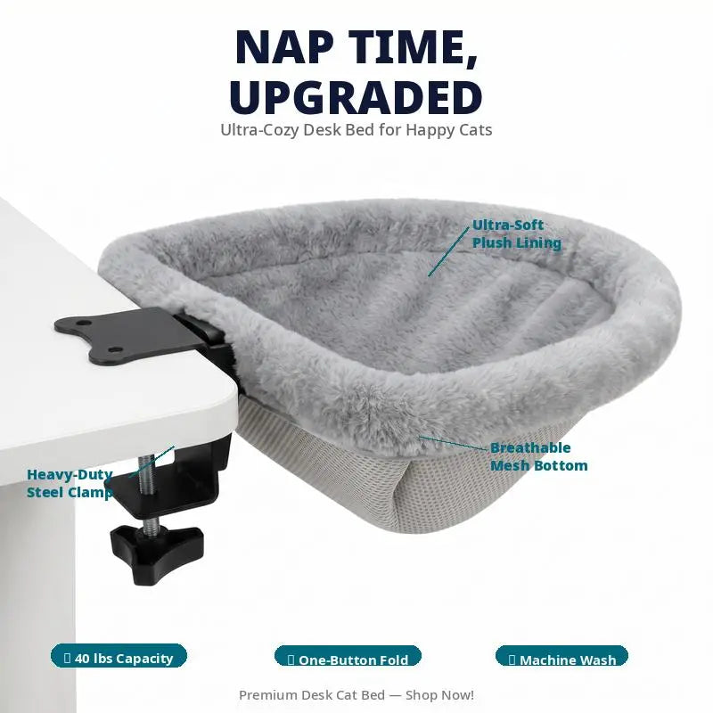 Rotating Cat Desk Hammock Bed - Clamp Mount Table Nest for Indoor Cats, Holds 45lbs, Machine Washable