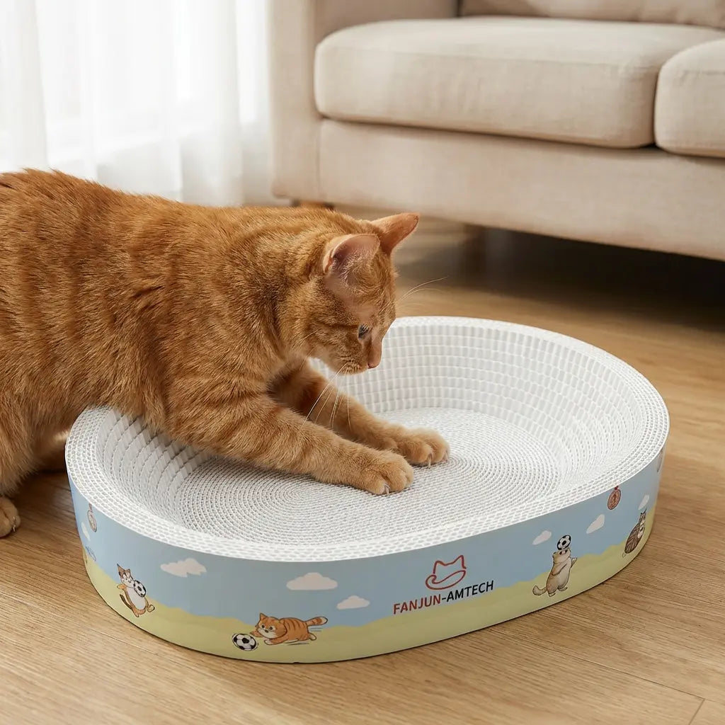 2-in-1 Cat Scratcher & Bed - Oval Corrugated Cardboard Scratch Pad with Anti-Slip Base for Indoor Cats