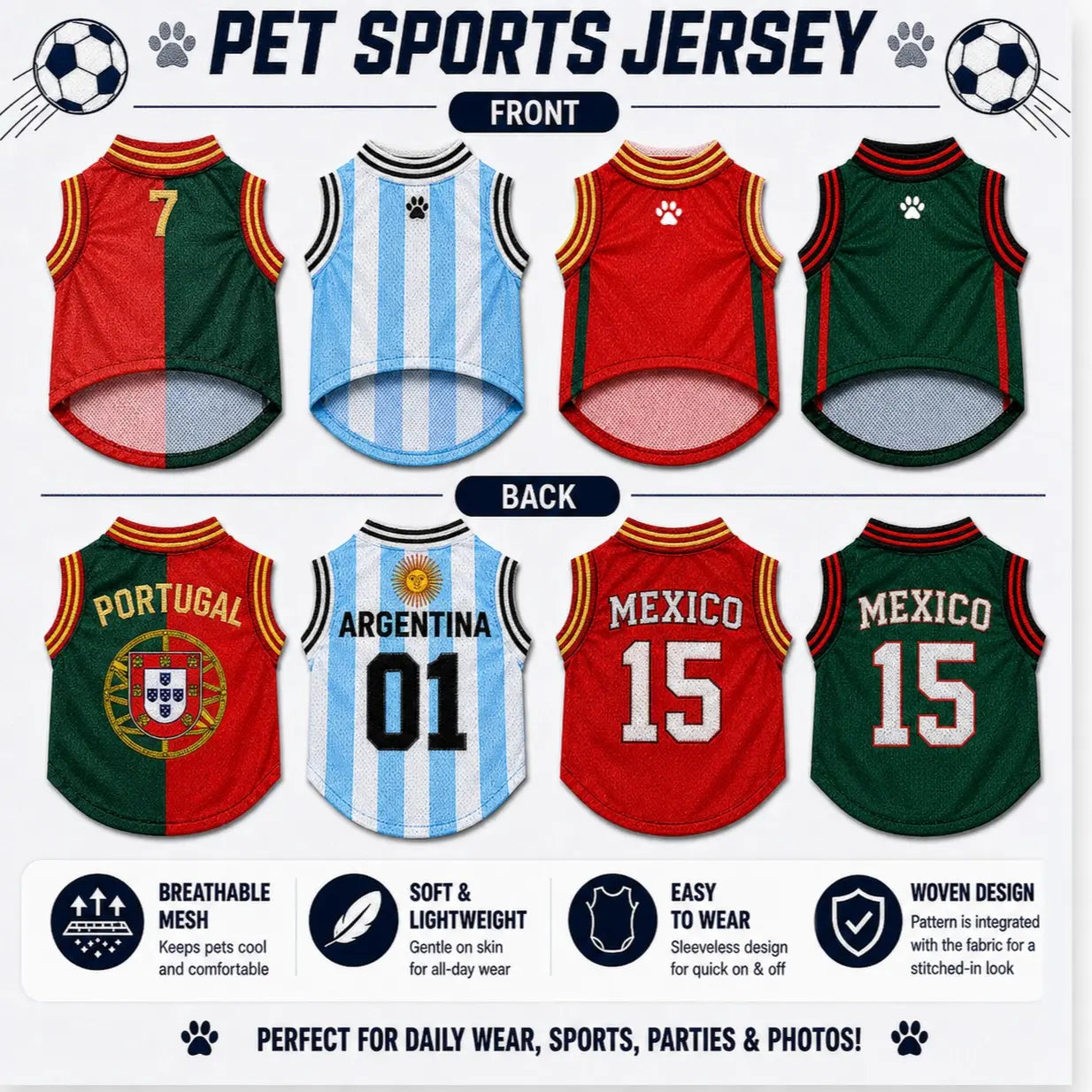 Soccer Style Pet Jersey Shirt - Lightweight Breathable Mesh Vest for Small Medium Dogs & Cats
