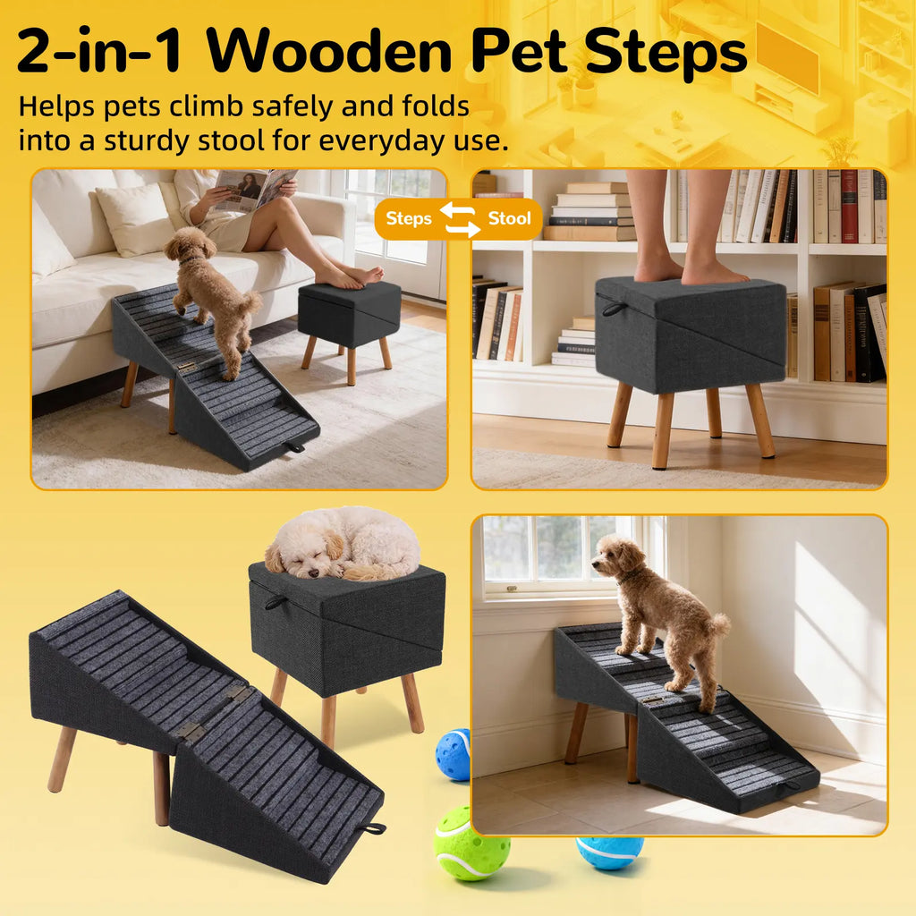 Foldable Dog Stairs for Small Dogs - 2-in-1 Non-Slip Wooden Pet Steps & Ottoman for Couch & Bed