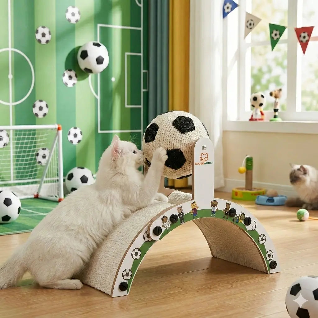 Durable Soccer Themed Cat Scratching Post with Ball - Hardened Corrugated Cardboard Arch Bridge for Indoor Cats