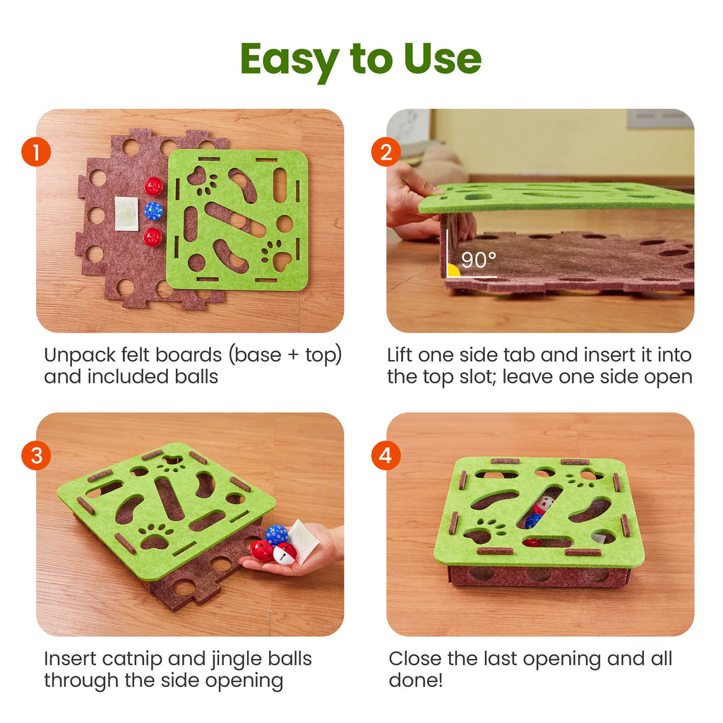 Interactive Felt Maze Cat Puzzle Toy - Hide and Seek Box with 3 Jingle Balls for Indoor Enrichment