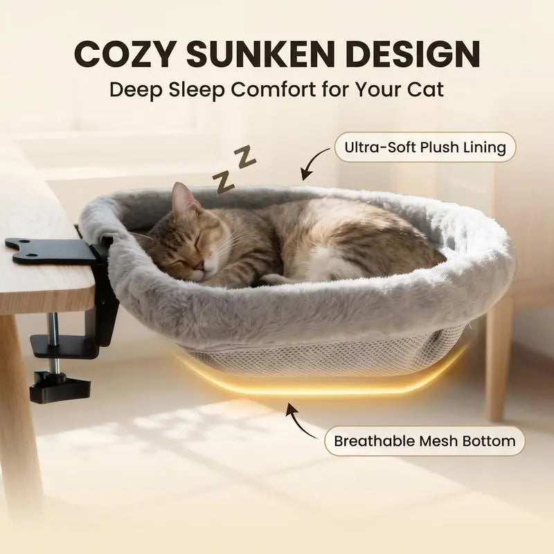 Rotating Cat Desk Hammock Bed - Clamp Mount Table Nest for Indoor Cats, Holds 45lbs, Machine Washable