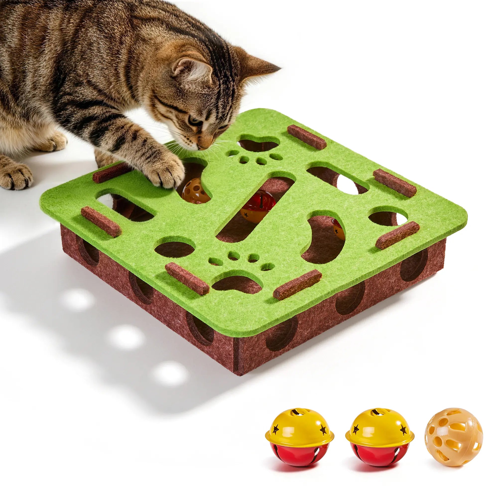 Interactive Felt Maze Cat Puzzle Toy - Hide and Seek Box with 3 Jingle Balls for Indoor Enrichment