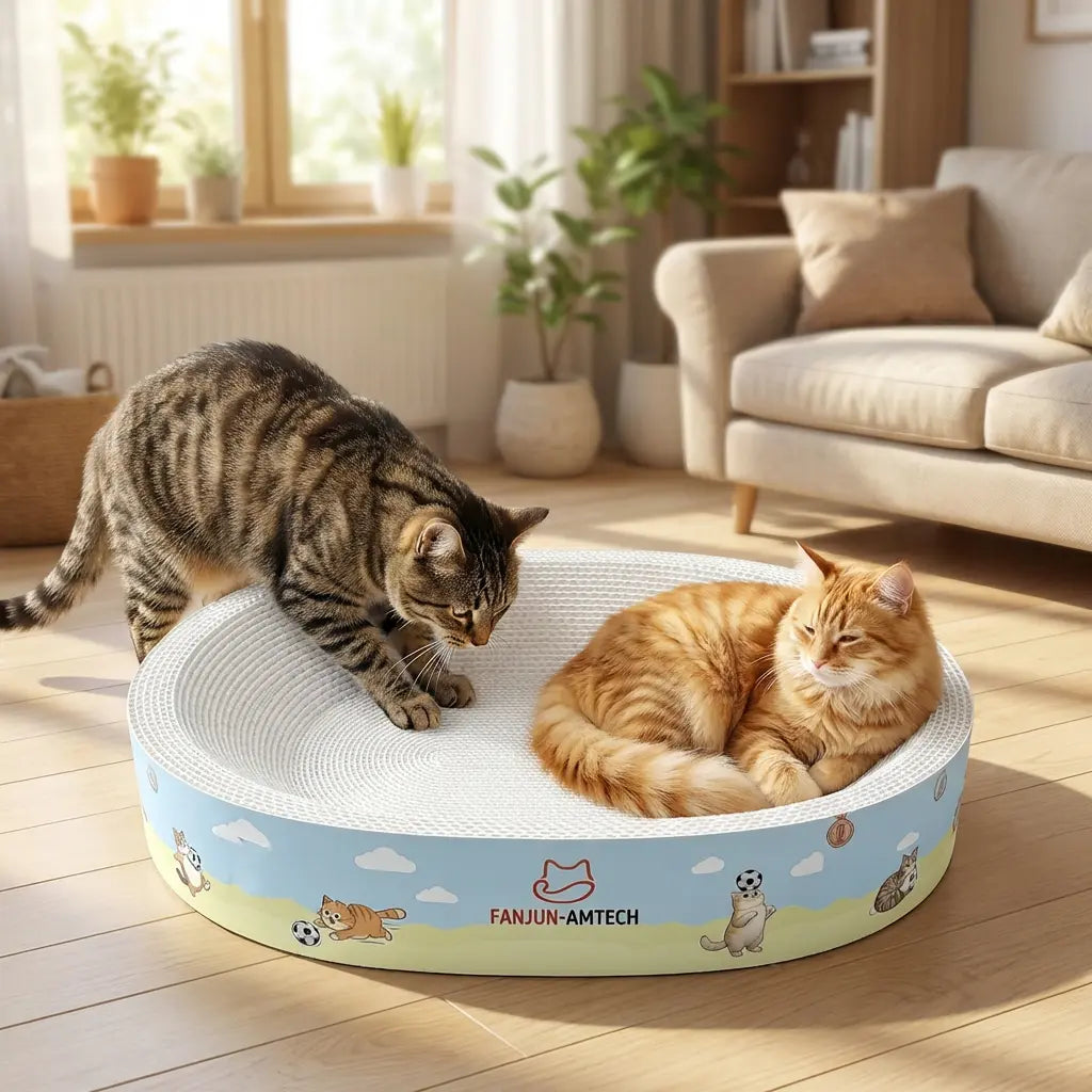 2-in-1 Cat Scratcher & Bed - Oval Corrugated Cardboard Scratch Pad with Anti-Slip Base for Indoor Cats