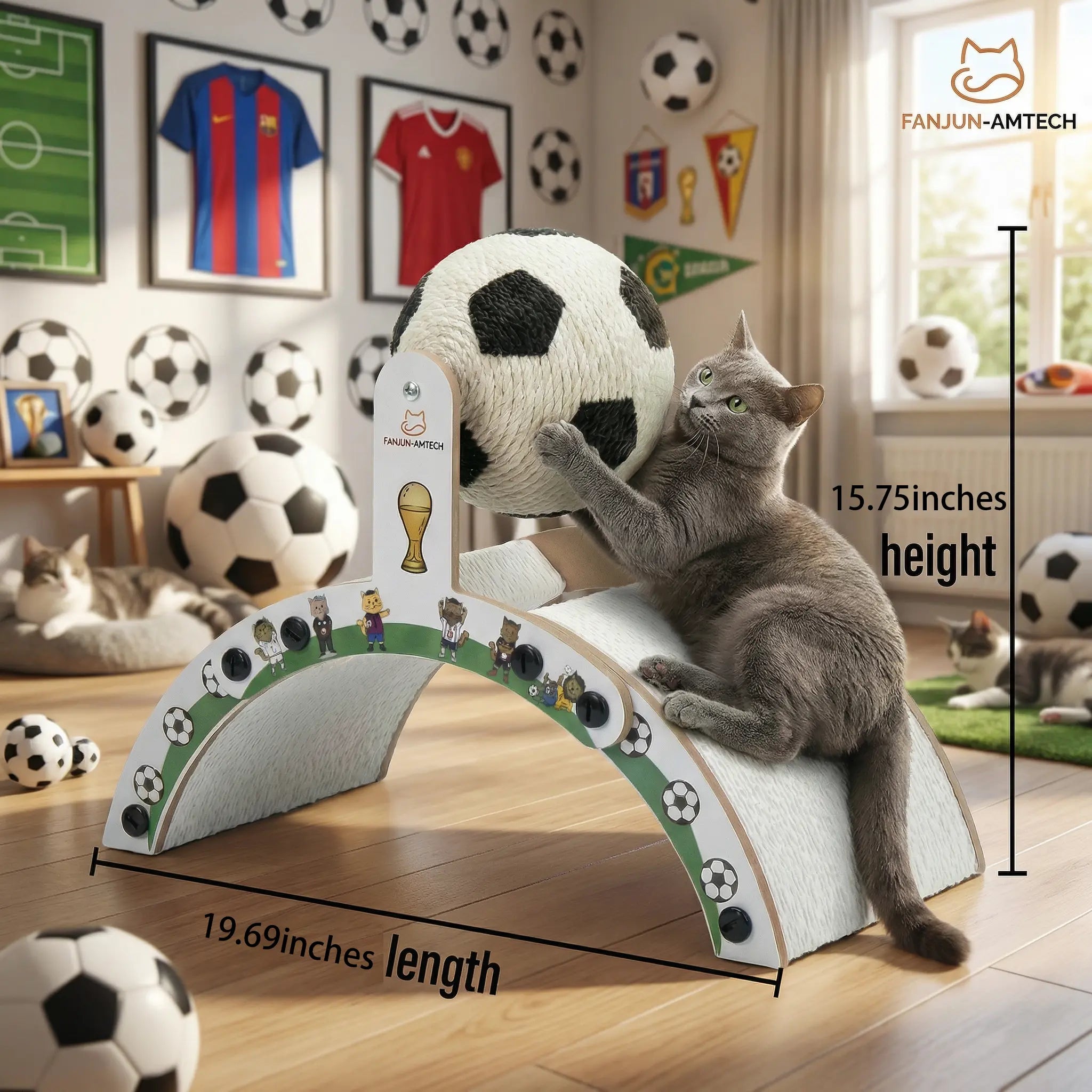 Durable Soccer Themed Cat Scratching Post with Ball - Hardened Corrugated Cardboard Arch Bridge for Indoor Cats