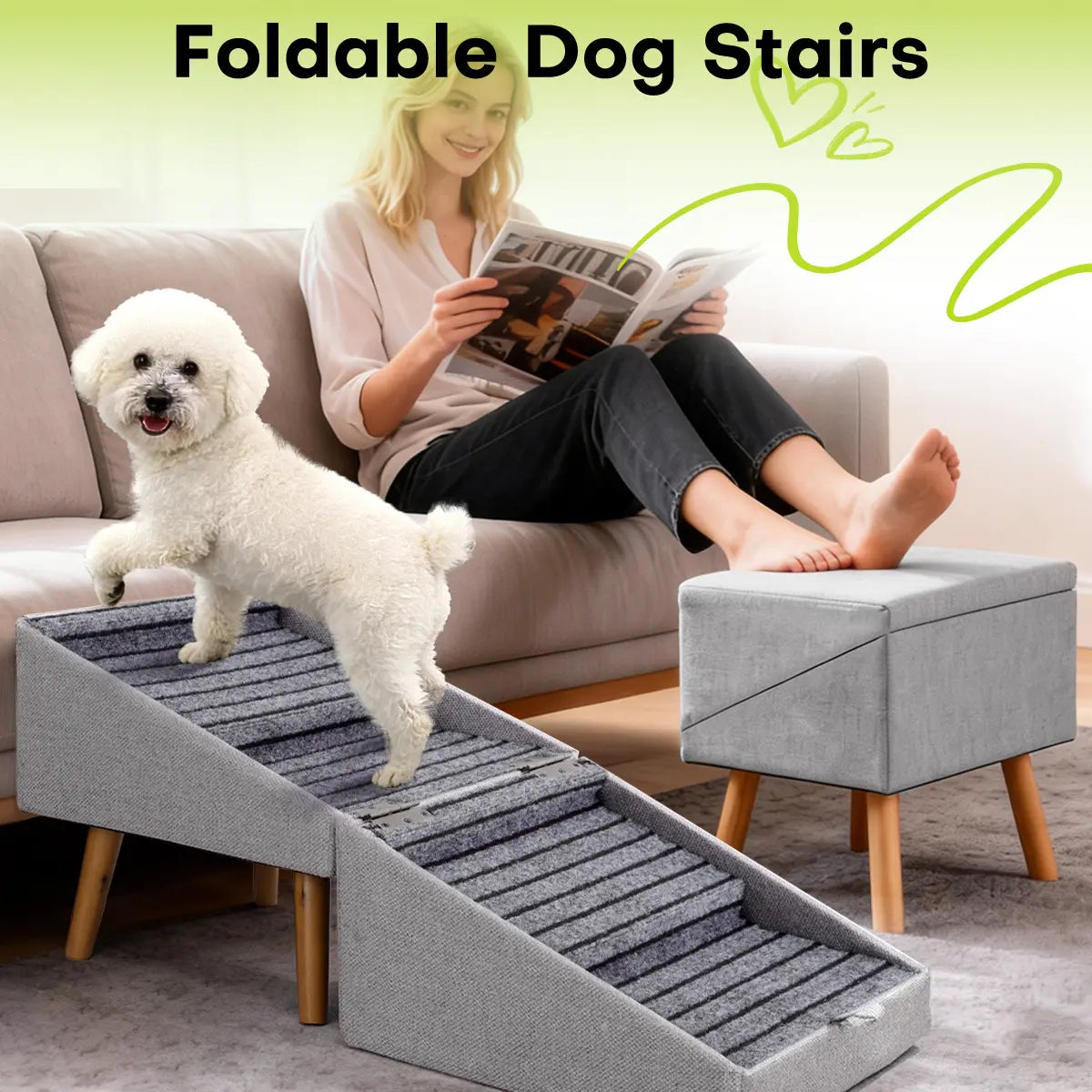 Foldable Dog Stairs for Small Dogs - 2-in-1 Non-Slip Wooden Pet Steps & Ottoman for Couch & Bed