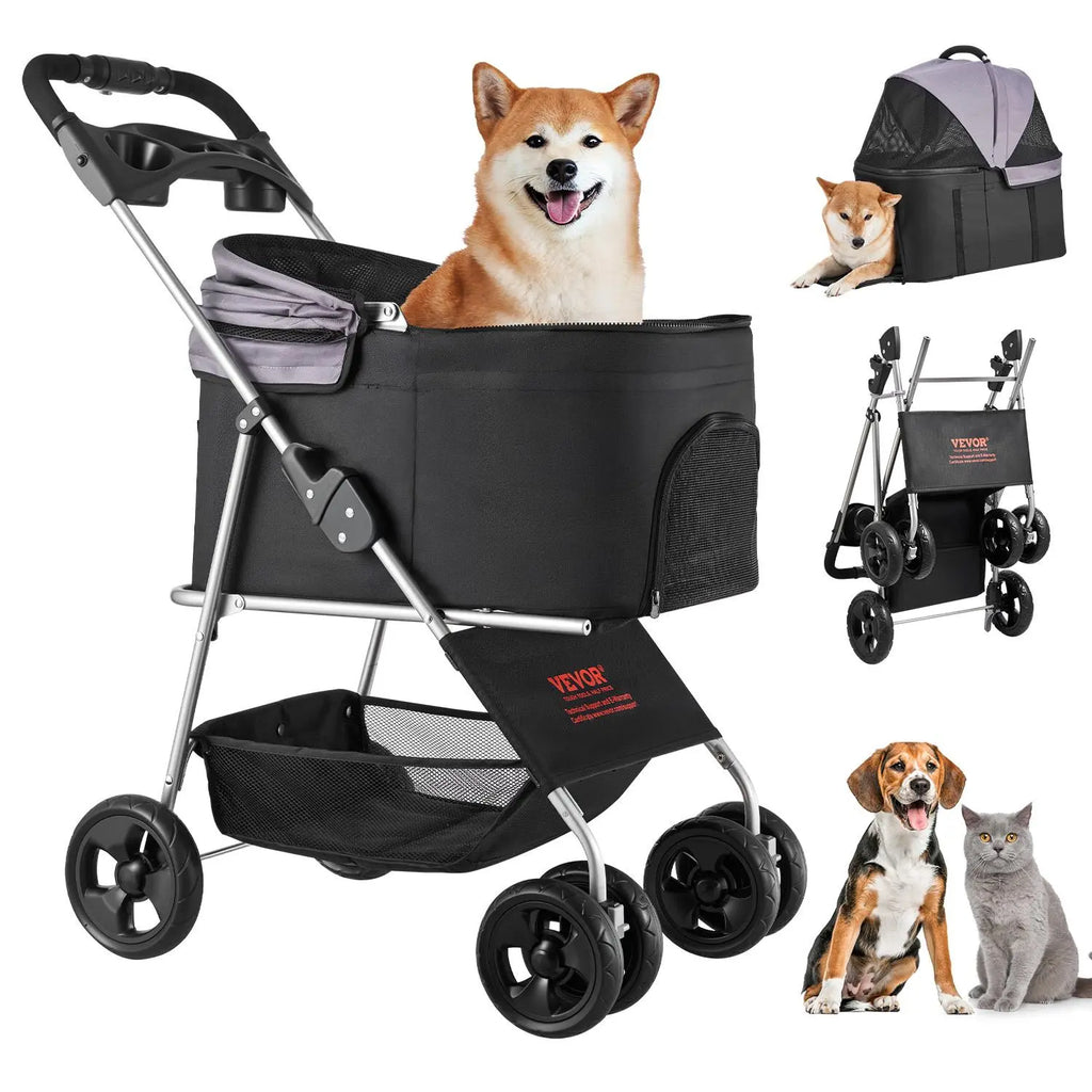 Foldable Pet Stroller for Small Medium Dogs & Cats - 35lbs Capacity with Detachable Carrier & Mesh Windows